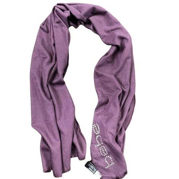 Bebe Cozy Soft Raw Edge Rhinestone Crystal Logo Scarf 68X20 Maroon Purple 68X20 - Picture 3 of 14